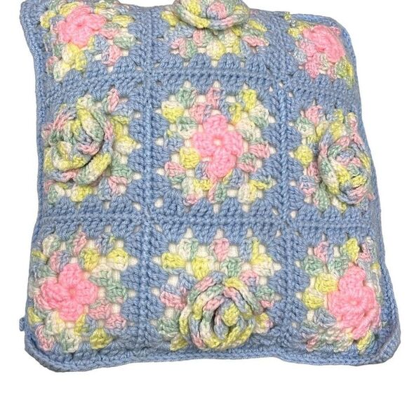 Home Decor Multicolor Granny Square Knitted Rosettes Pillow Size 12” x 13” - Picture 1 of 5